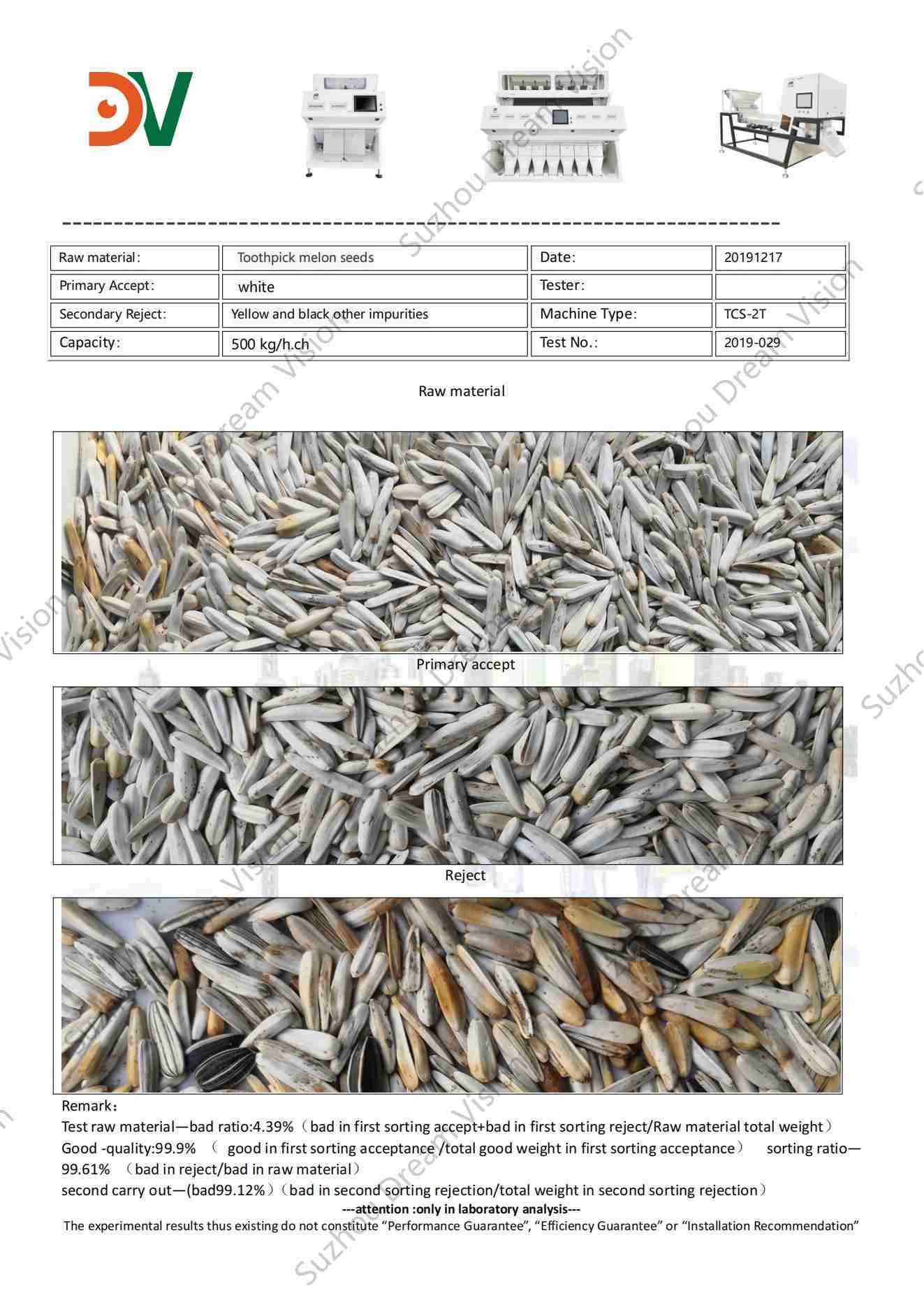 Toothpick Melon Seed Color Sorter Report