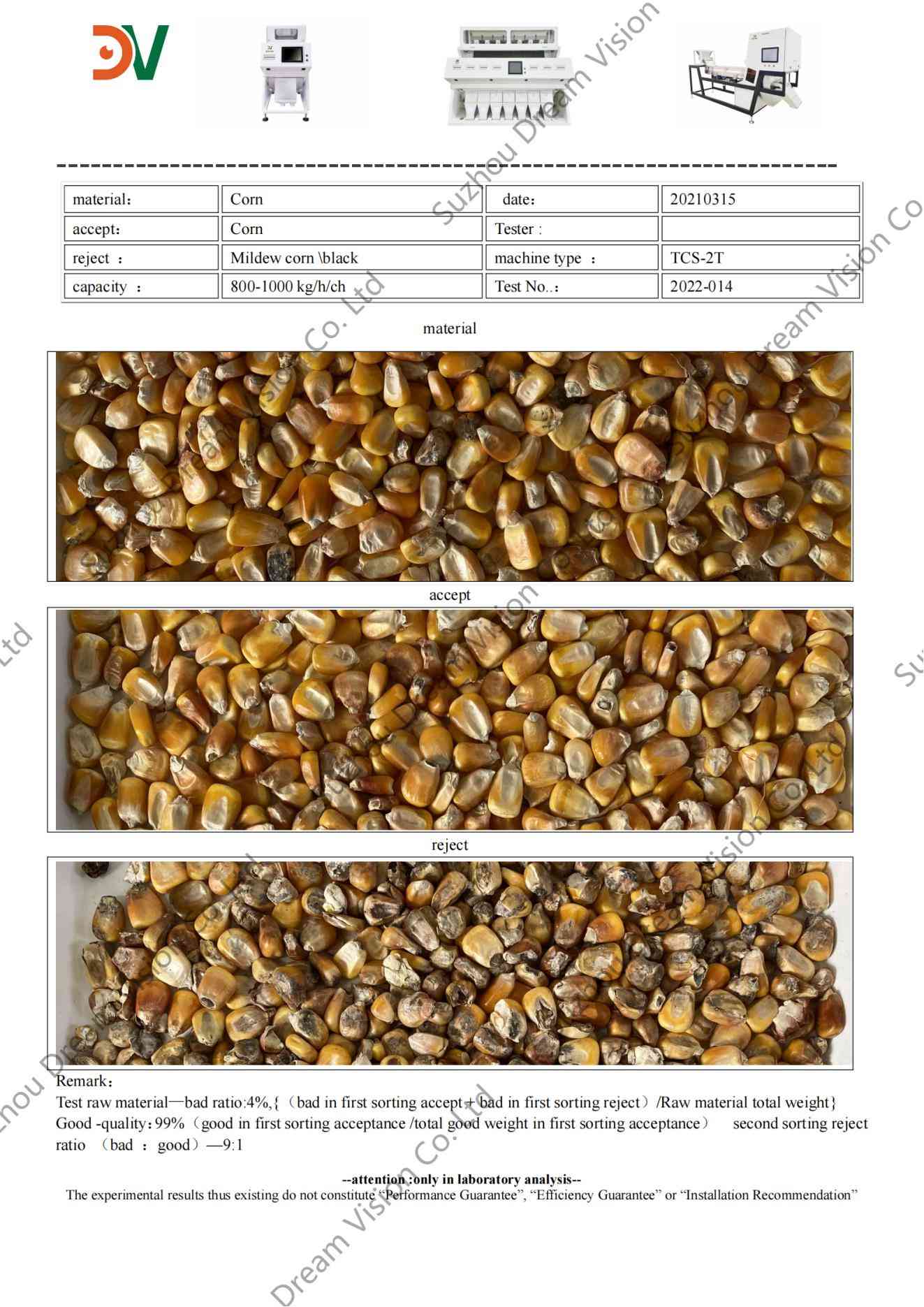 Corn Color Sorter Test Report