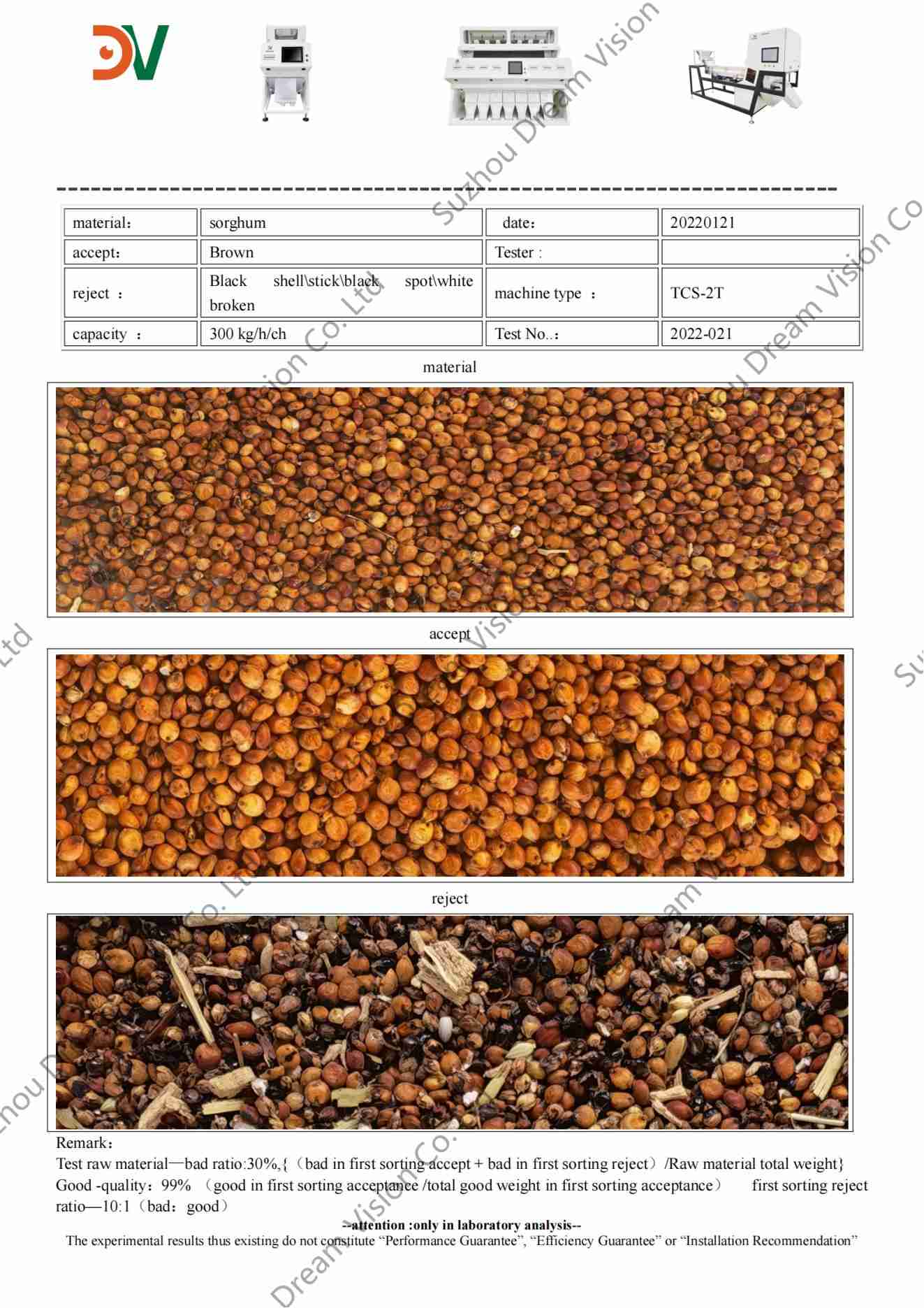 Sorghum Color Sorter Test Report