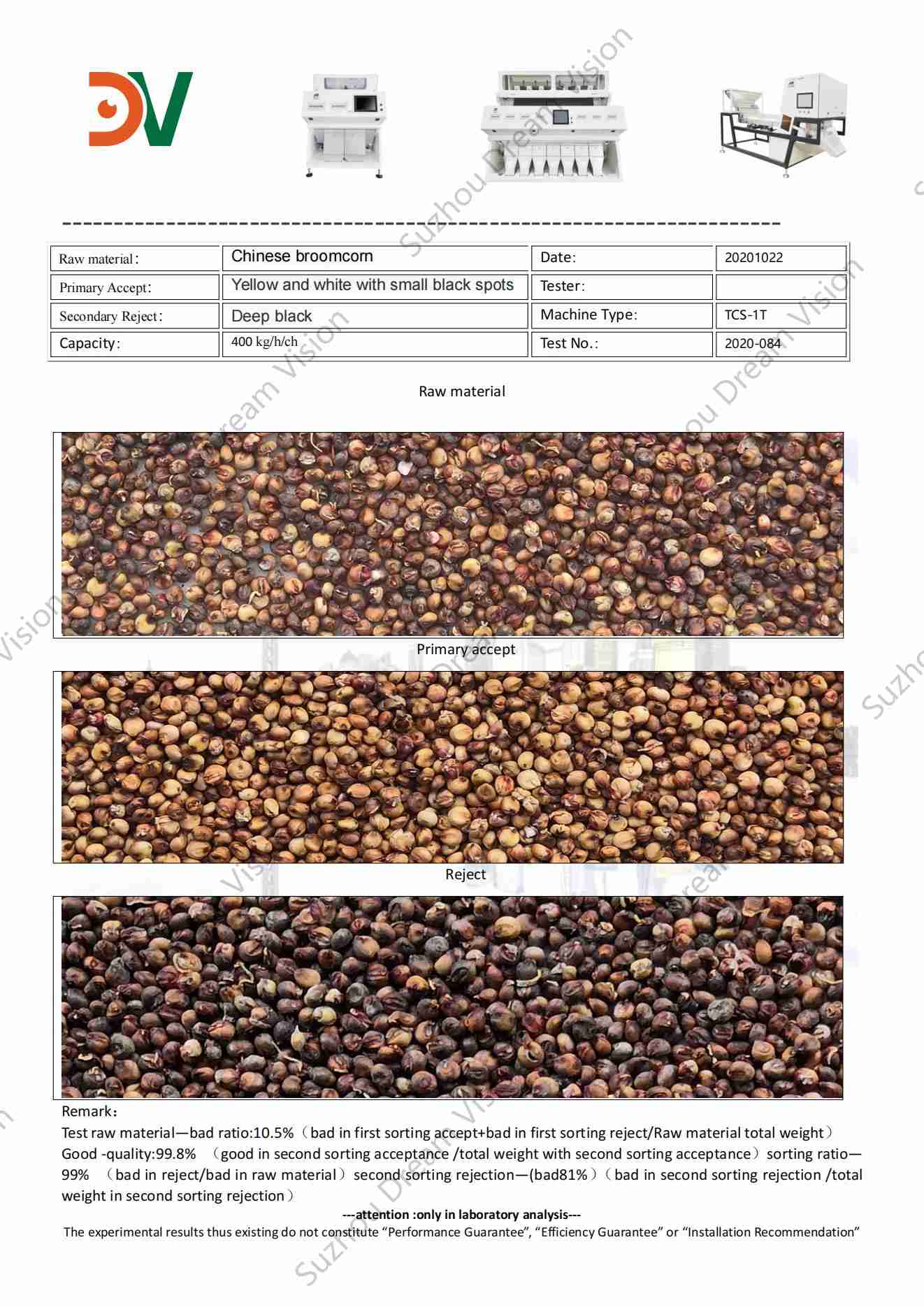 Chinese Broomcorn Color Sorter Test Report