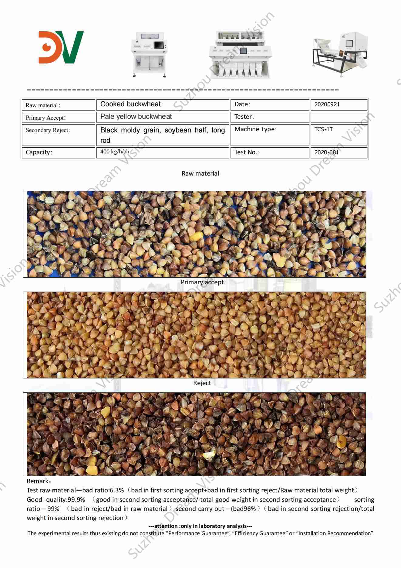 Cooked Buckwheat Color Sorter Test Report