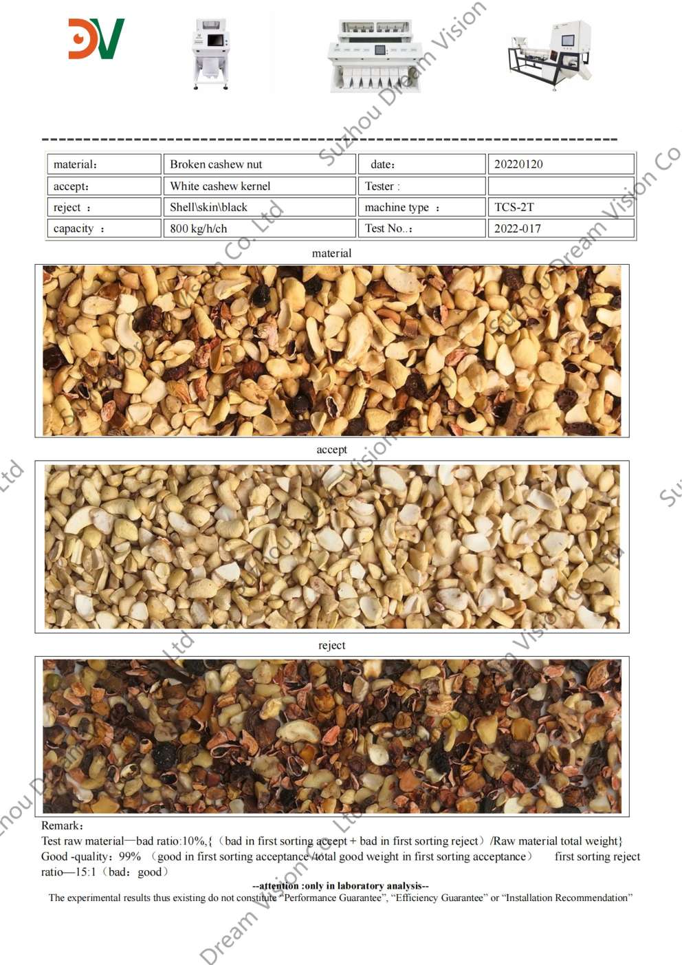 Broken Cashew Nut Color Sorter Test Report