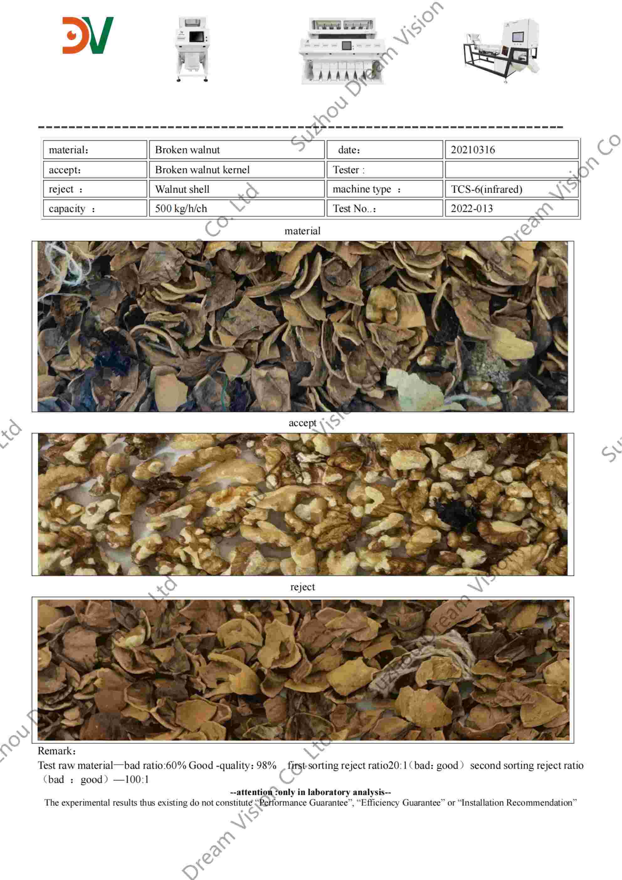 Broken Walnut Color Sorter Test Report