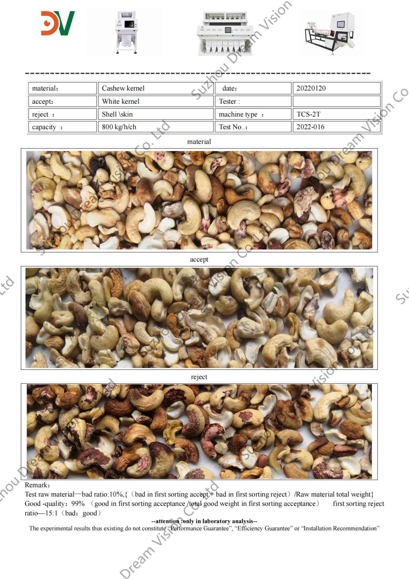 Cashew Kernel Color Sorter Test Report