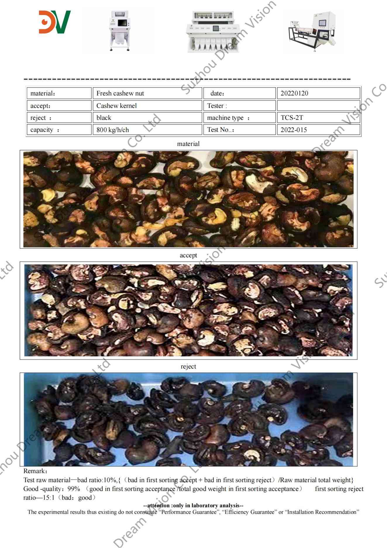 Fresh Cashew Nut Color Sorter Test Report