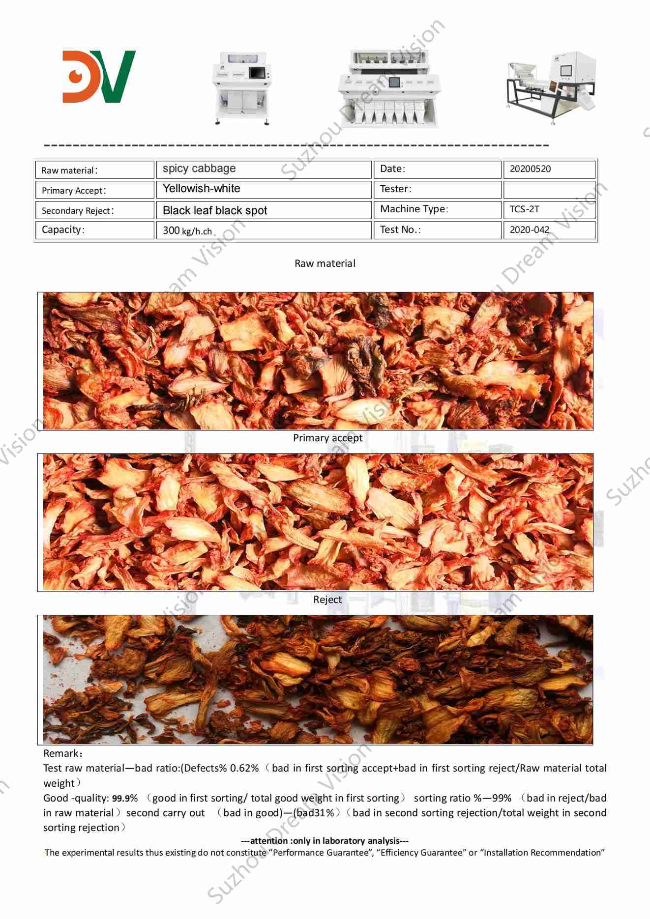 Spicy Cabbage Color Sorter Test Report