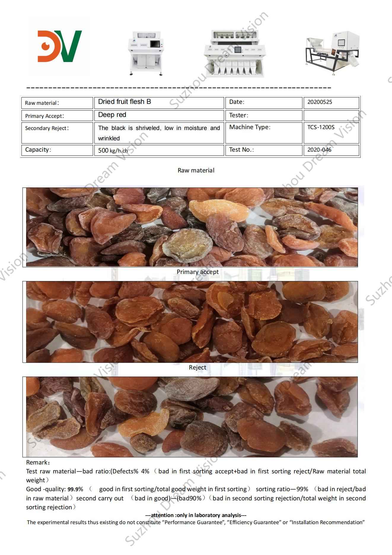 Dried Fruit Flesh Color Sorter Test Report