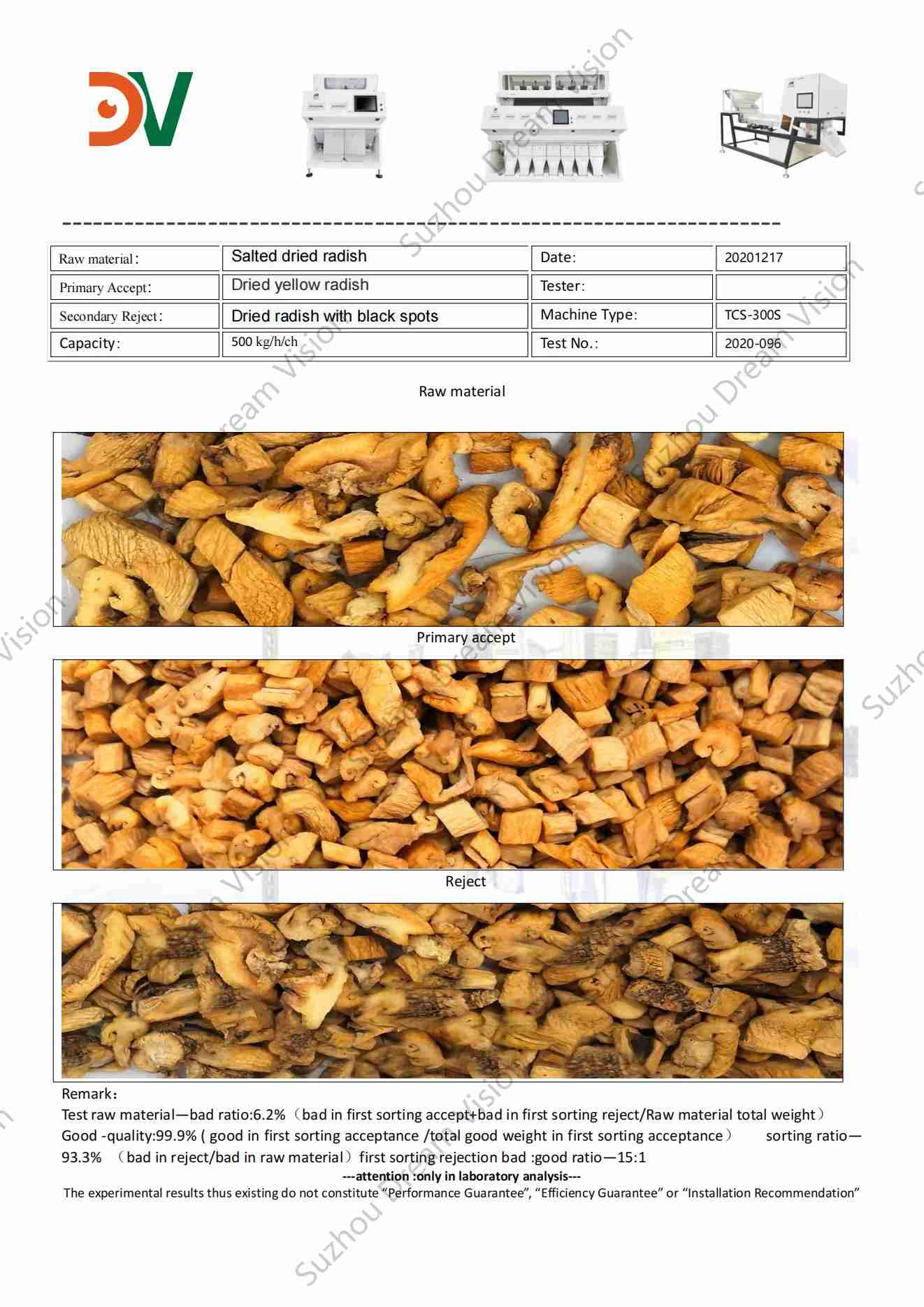 Salted Dried Radish Color Sorter Test Report