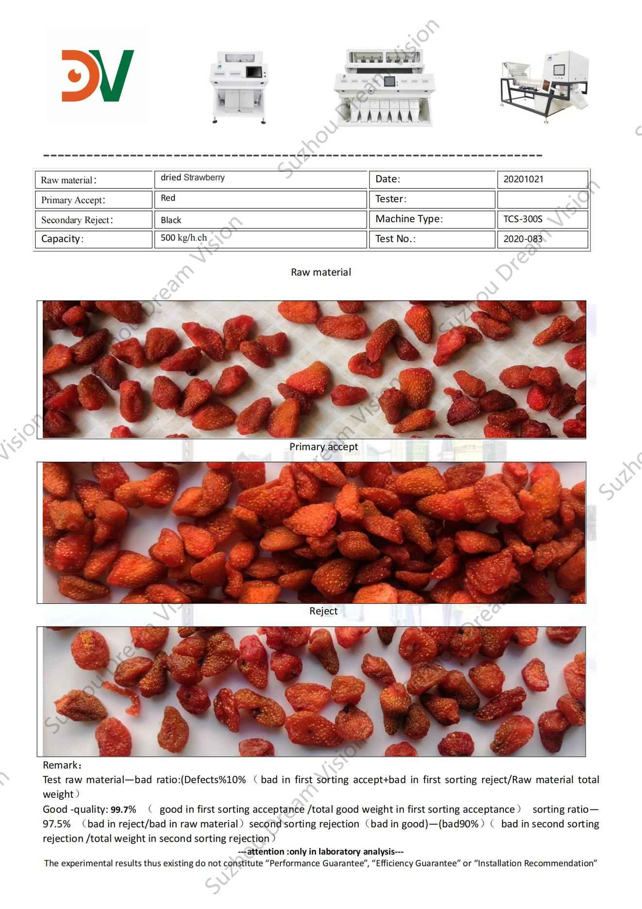 Dried Strawberry Color Sorter Test Report