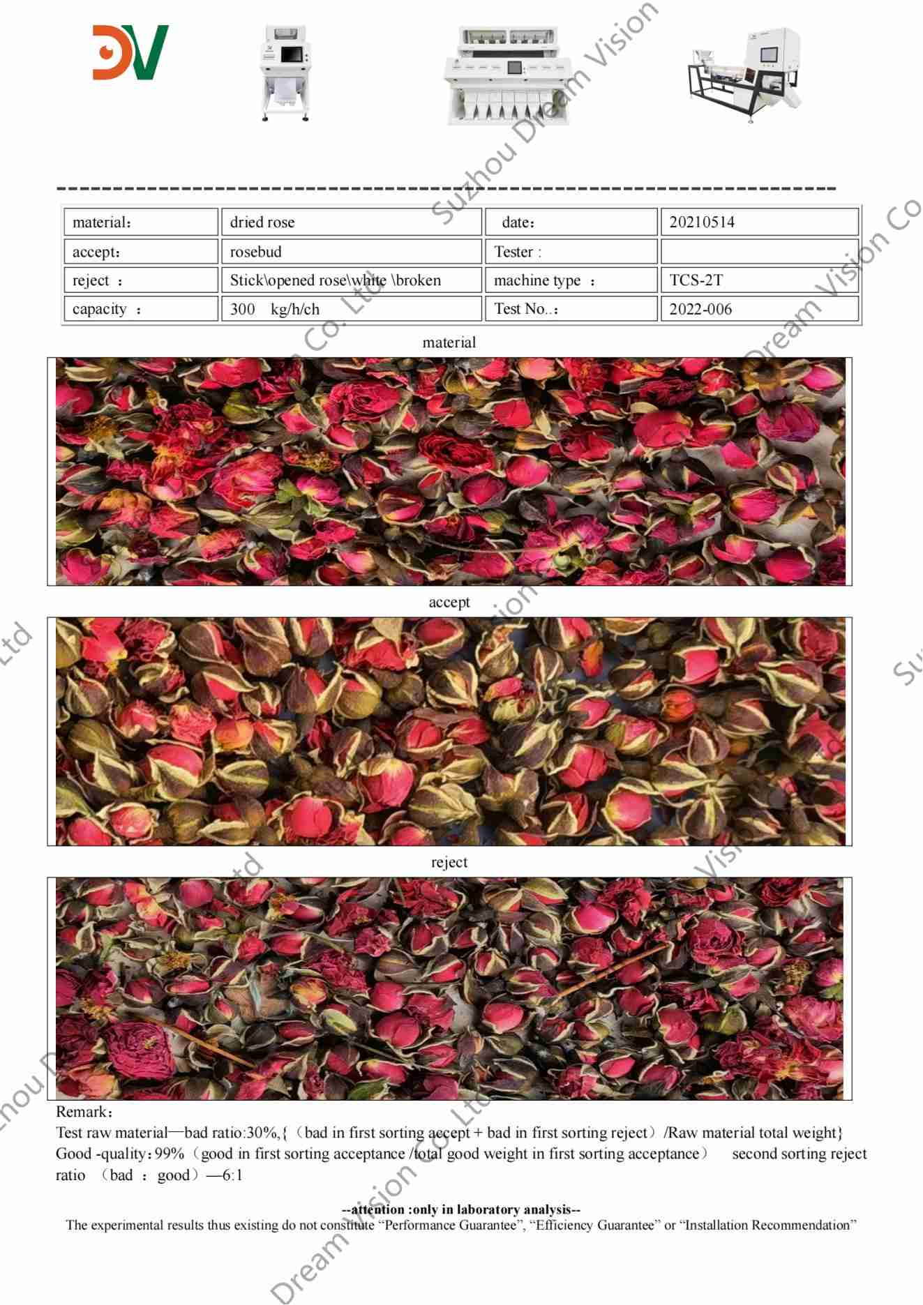 Dried Rose Color Sorter Test Report