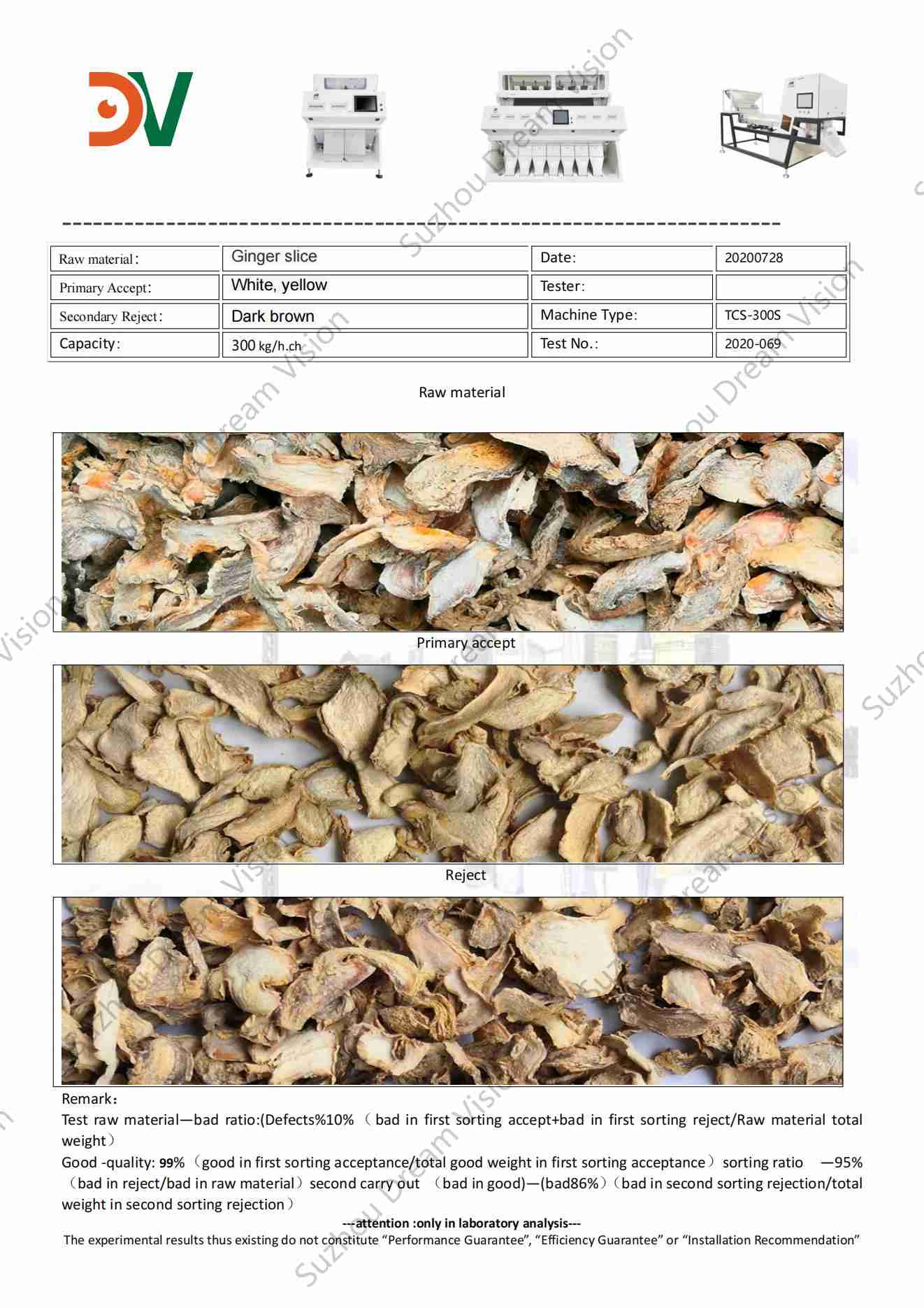 Ginger Slice Color Sorter Test Report