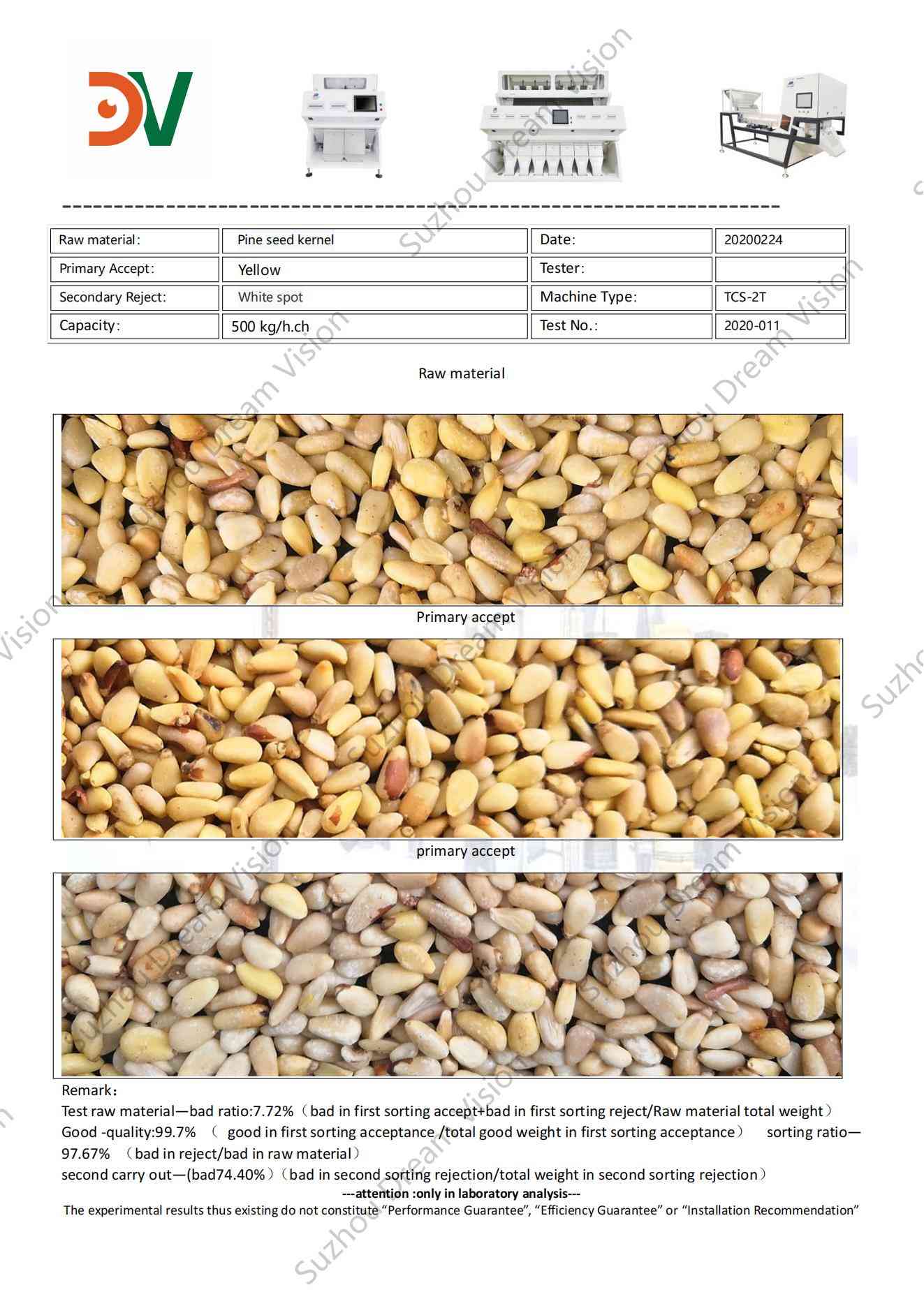 Pine Seed Kernal Color Sorter Test Report