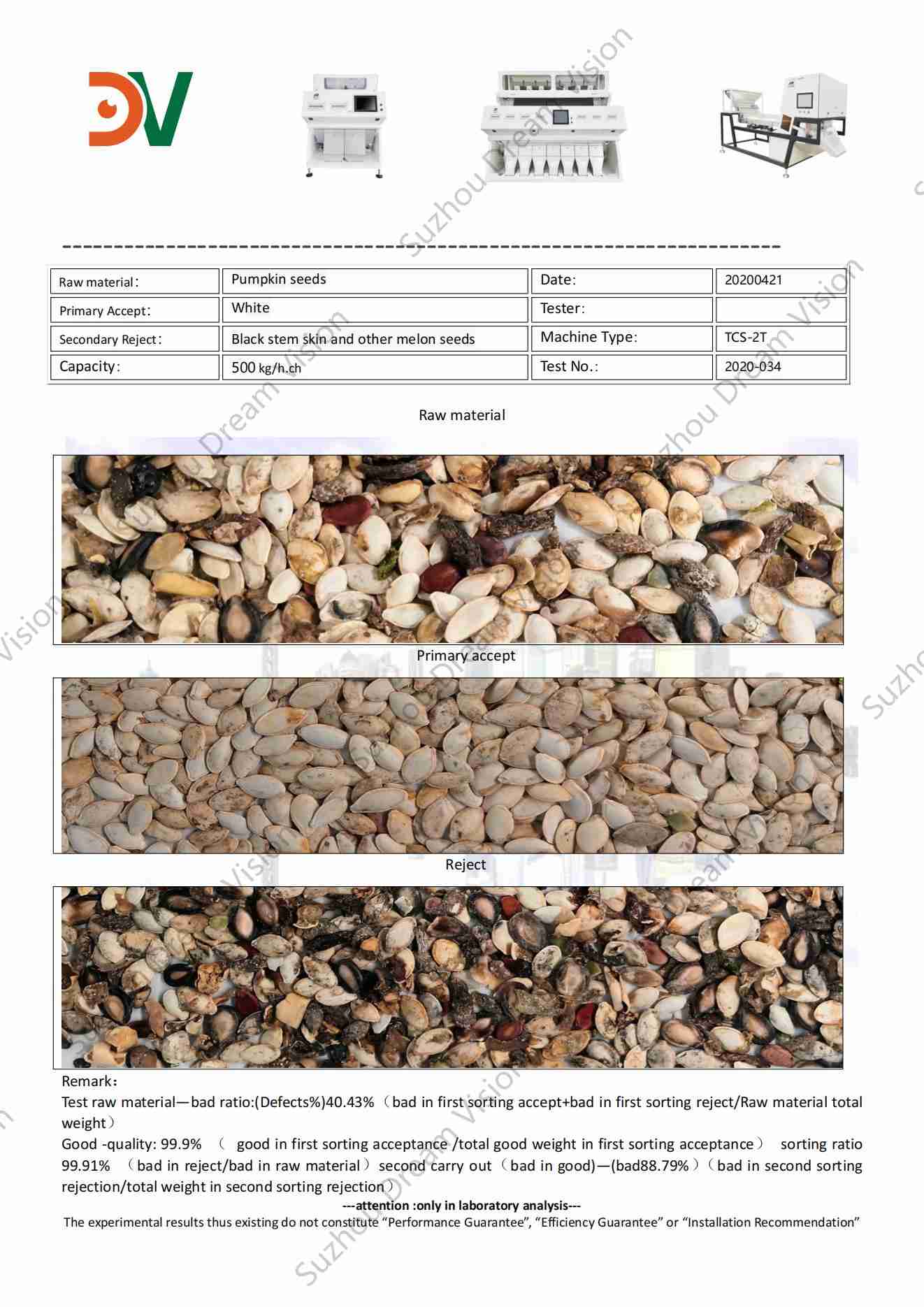 Pumpkin Seeds Color Sorter Test Report