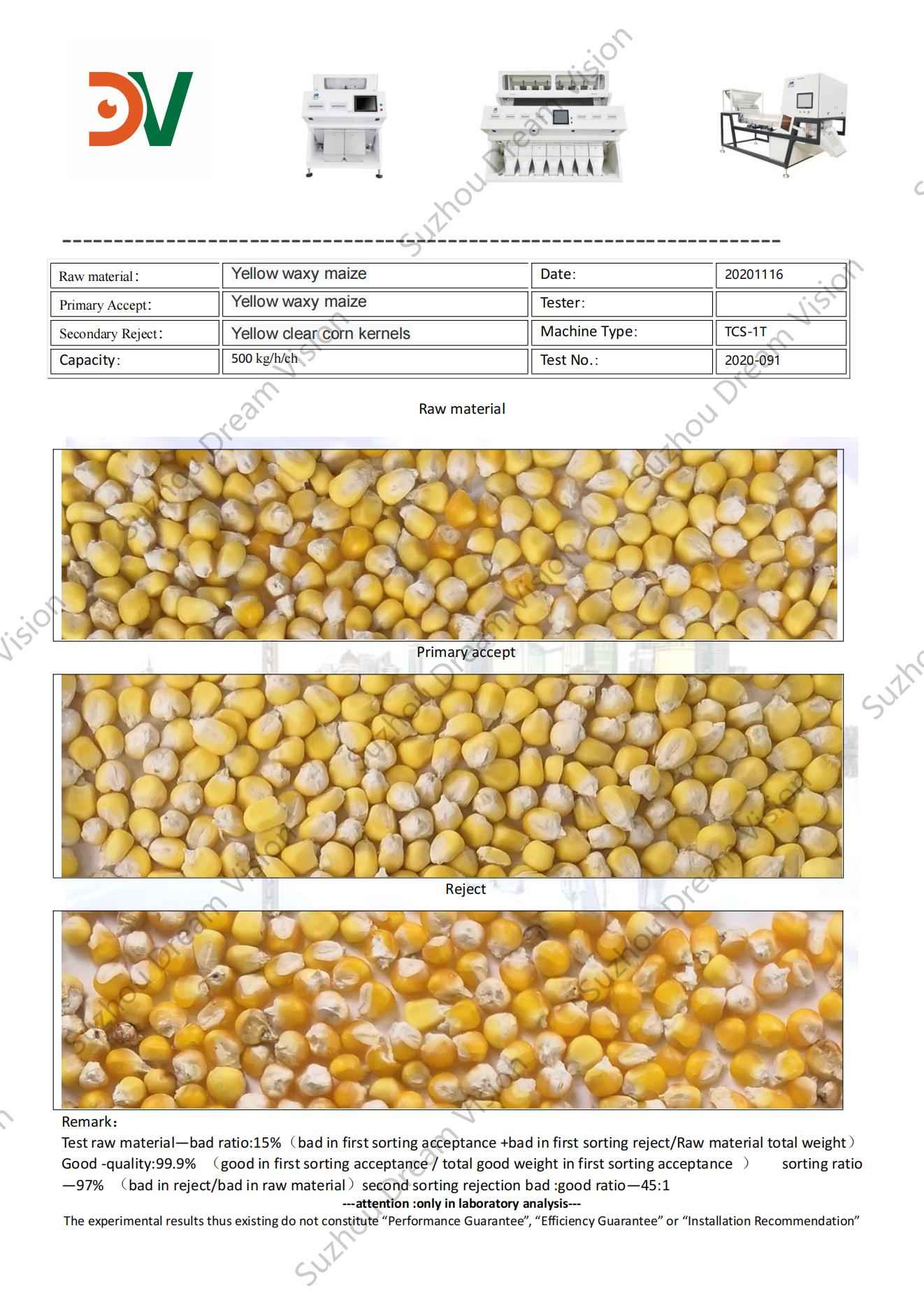 Yellow Waxy Maise Color Sorter Test Report