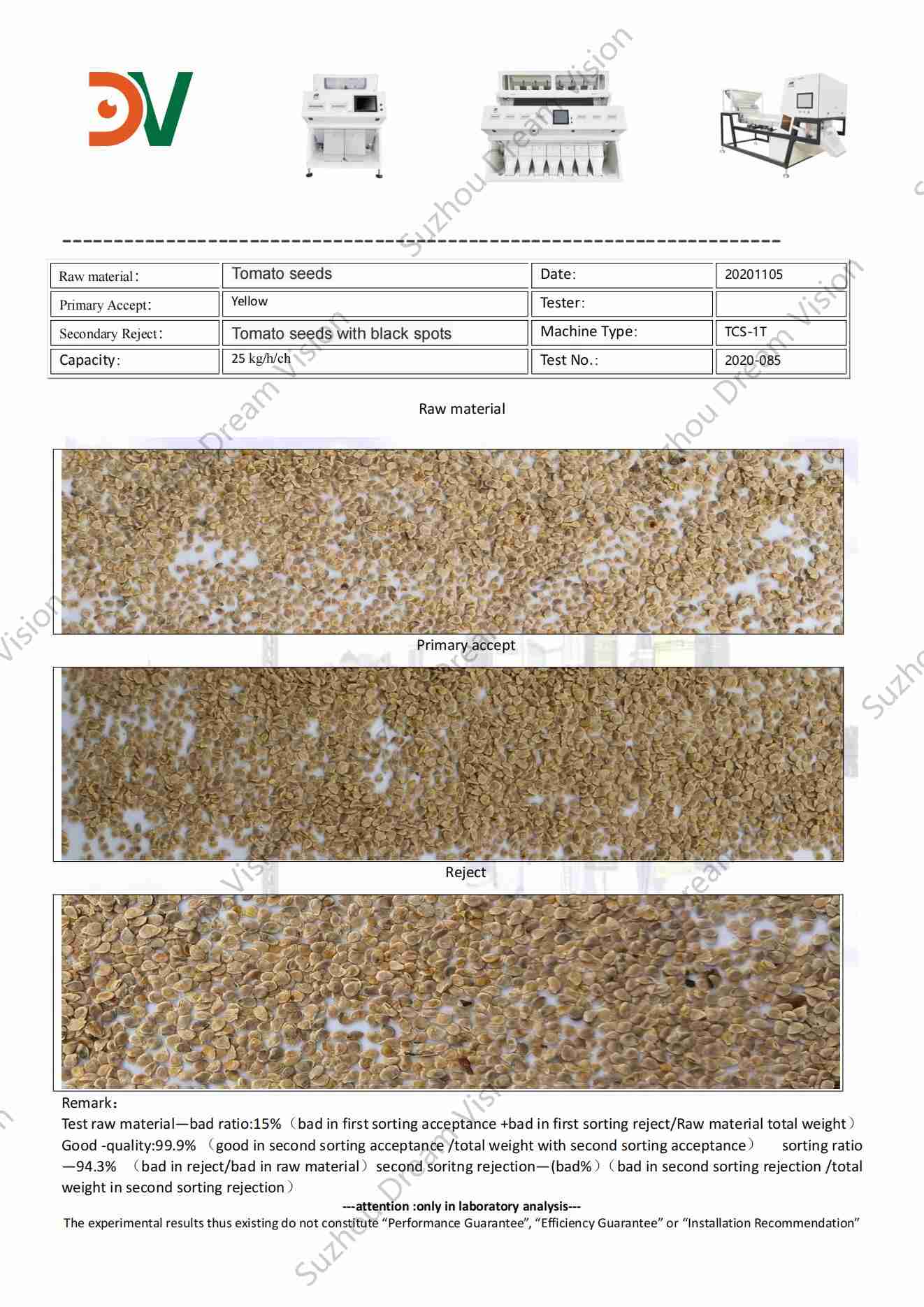 Tomato Seeds Color Sorter Test Report