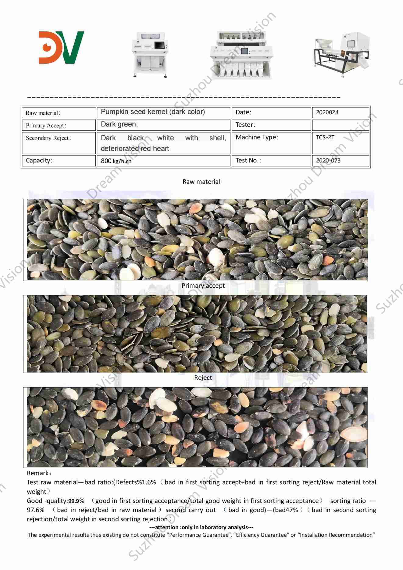 Pumpkin Seed Kernel (Dark Color) Color Sorter Test Report