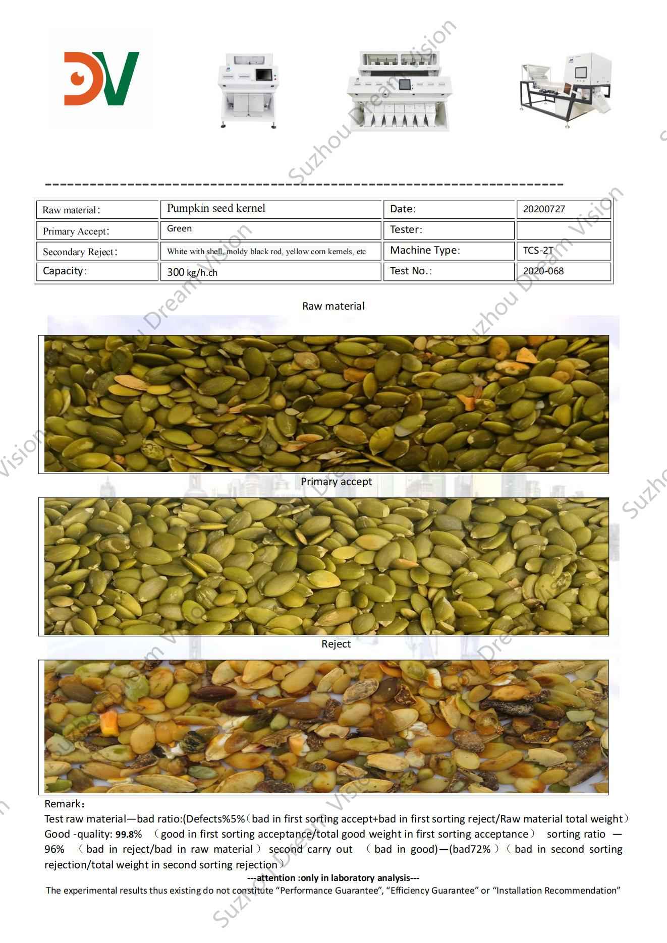 Pumpkin Seed Kernel Color Sorter Test Report