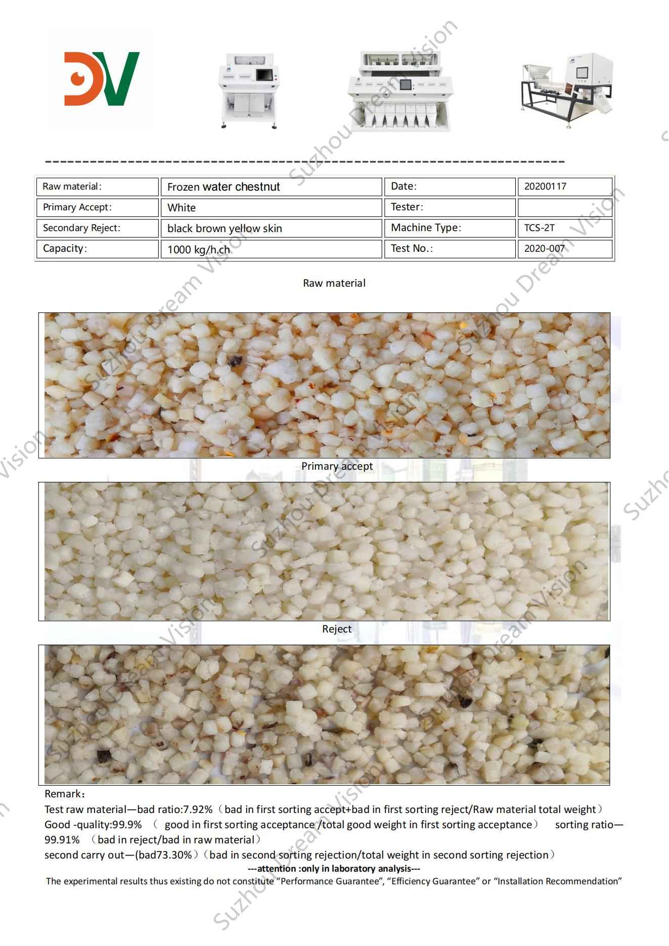 Frozen Water Chestnut Color Sorter Test Report