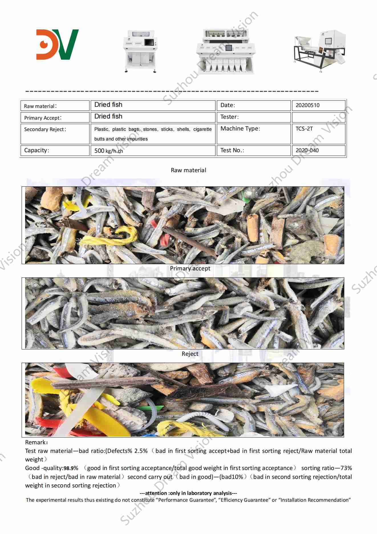 Dried Fish Color Sorter Test Report