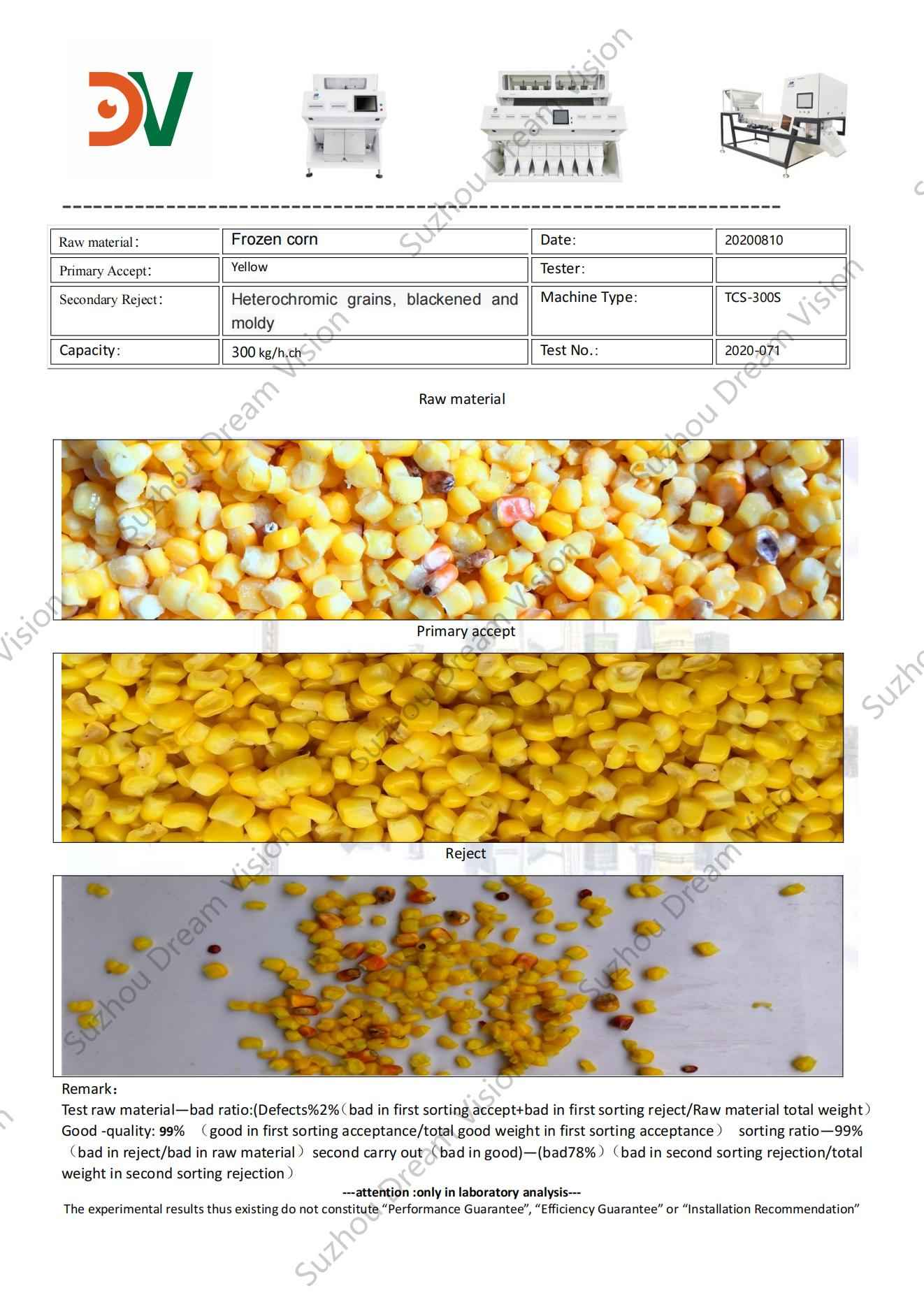 Frozen Corn Color Sorter Test Report